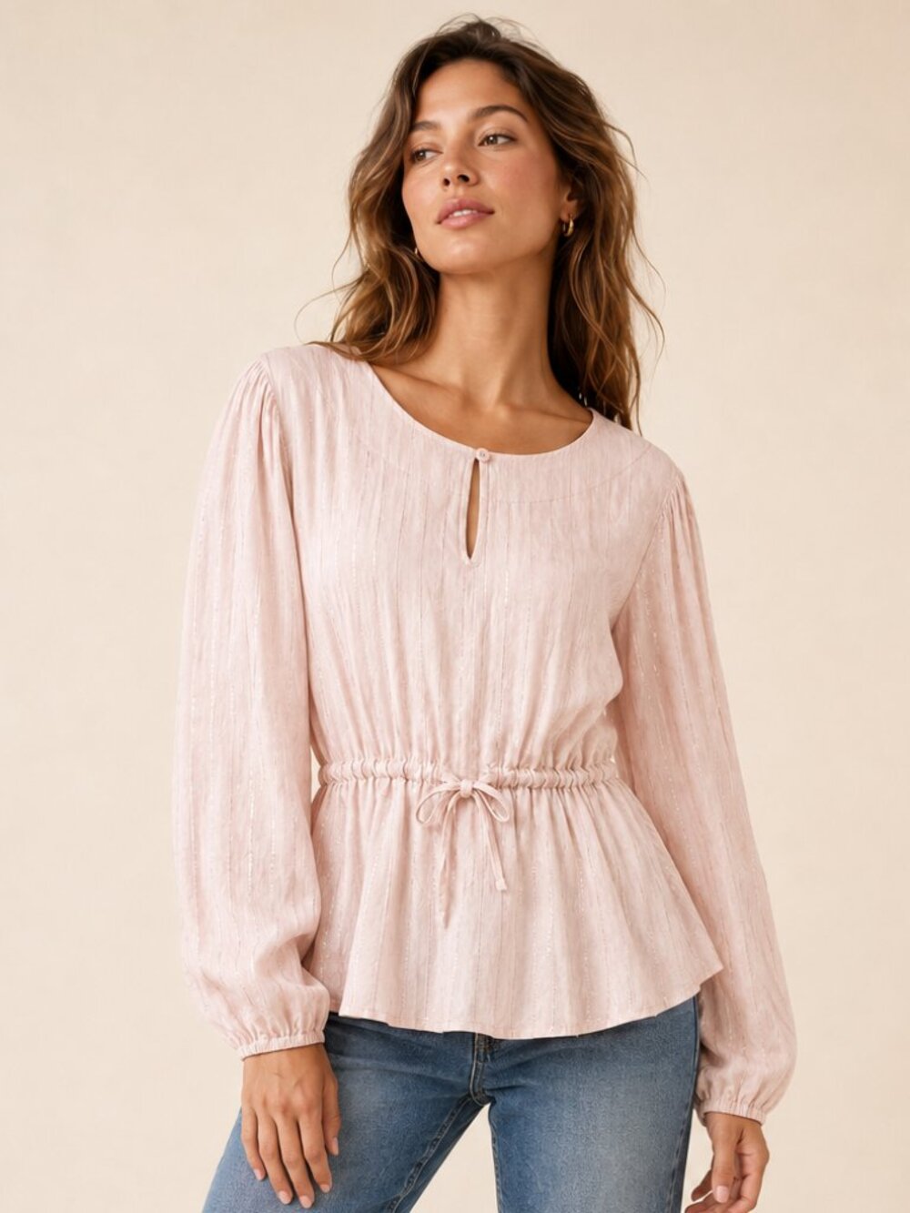Como Blu 2X Blush Pink Metallic Lurex Stripe Peplum Peasant Blouse
